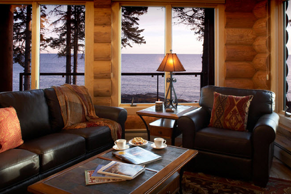 Cabin living room on lake