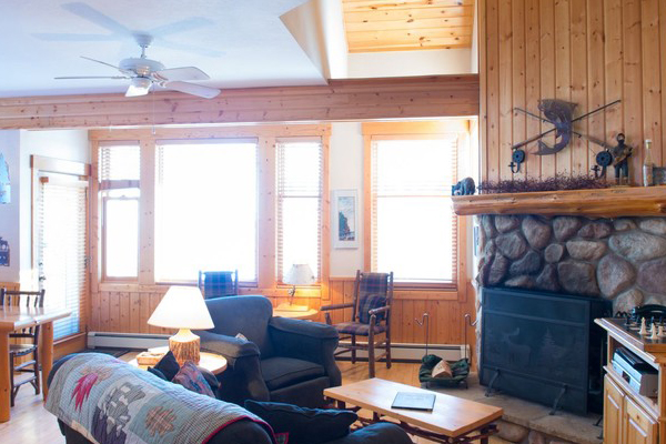 Cabin living room with fireplace